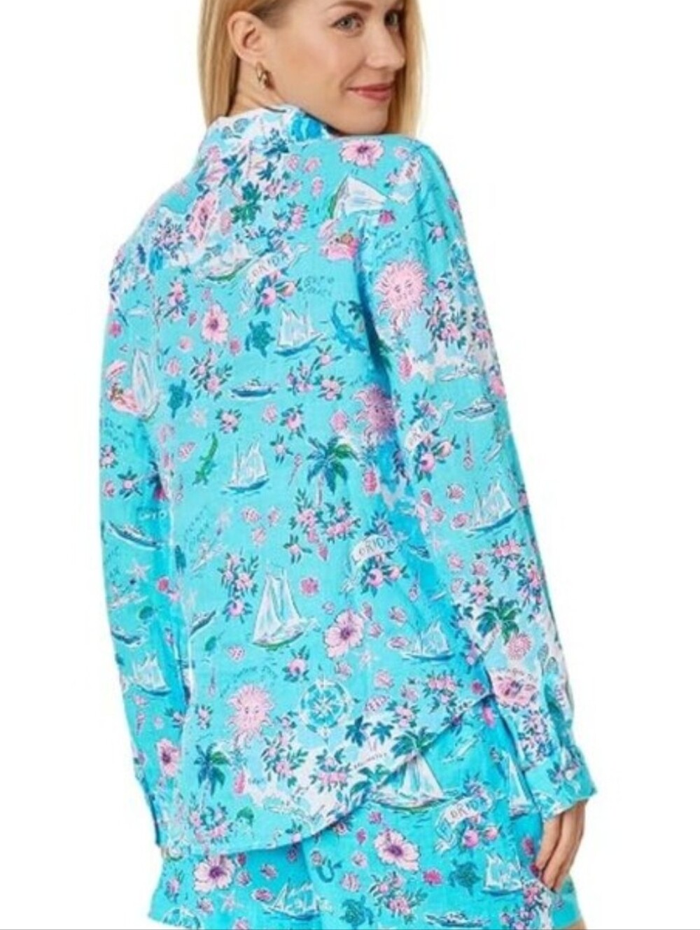 Lilly Pulitzer 100% Linen Button Down Shirt Amalfi Blue "Lilly's Roadtrip" XL